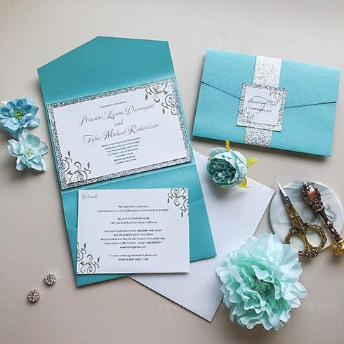 tiffany blue swirl pattern pocket wedding invitations with silver glitter liner CWIL41